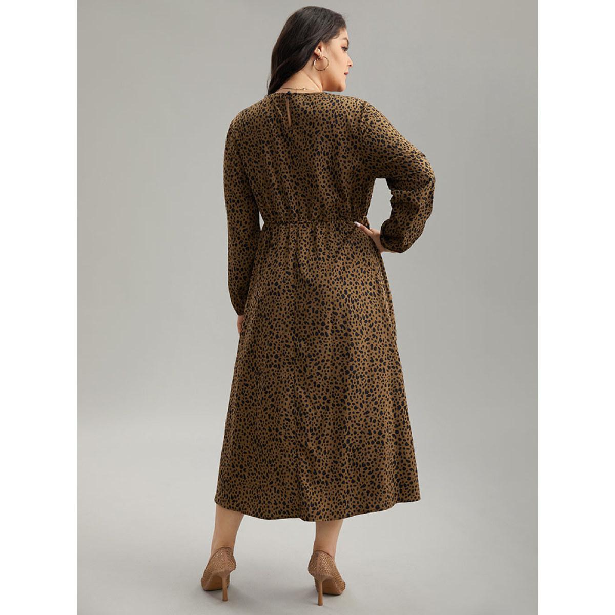 Plus Size Leopard Print Pocket Split Side Keyhole Dress DarkBrown Women Elegant Elastic cuffs Round Neck Long Sleeve Curvy Midi Dress BloomChic 22-24/3X Product Image