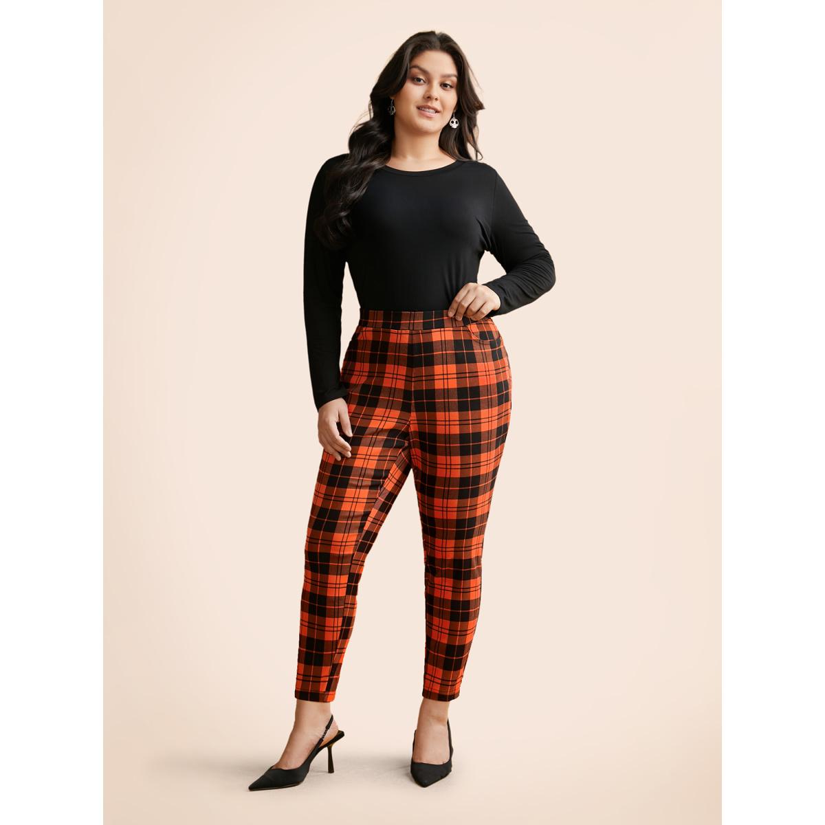 Plus Size Stretchy Plaid Lounge Leggings Women Brightorange Elegant Medium stretch Skinny Mid Rise Everyday Leggings BloomChic 22-24/3X Product Image