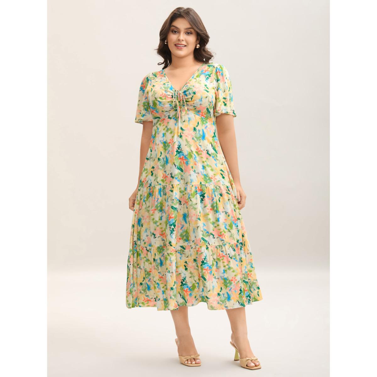 Plus Size Floral Print Cinched Bust Tiered Maxi Dress Multicolor Women V-neck Short sleeve Curvy BloomChic 12/L Product Image
