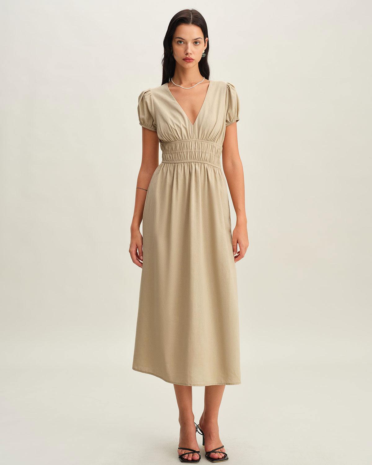 Beige Ruched Puffed Sleeve Midi Dress Product Image