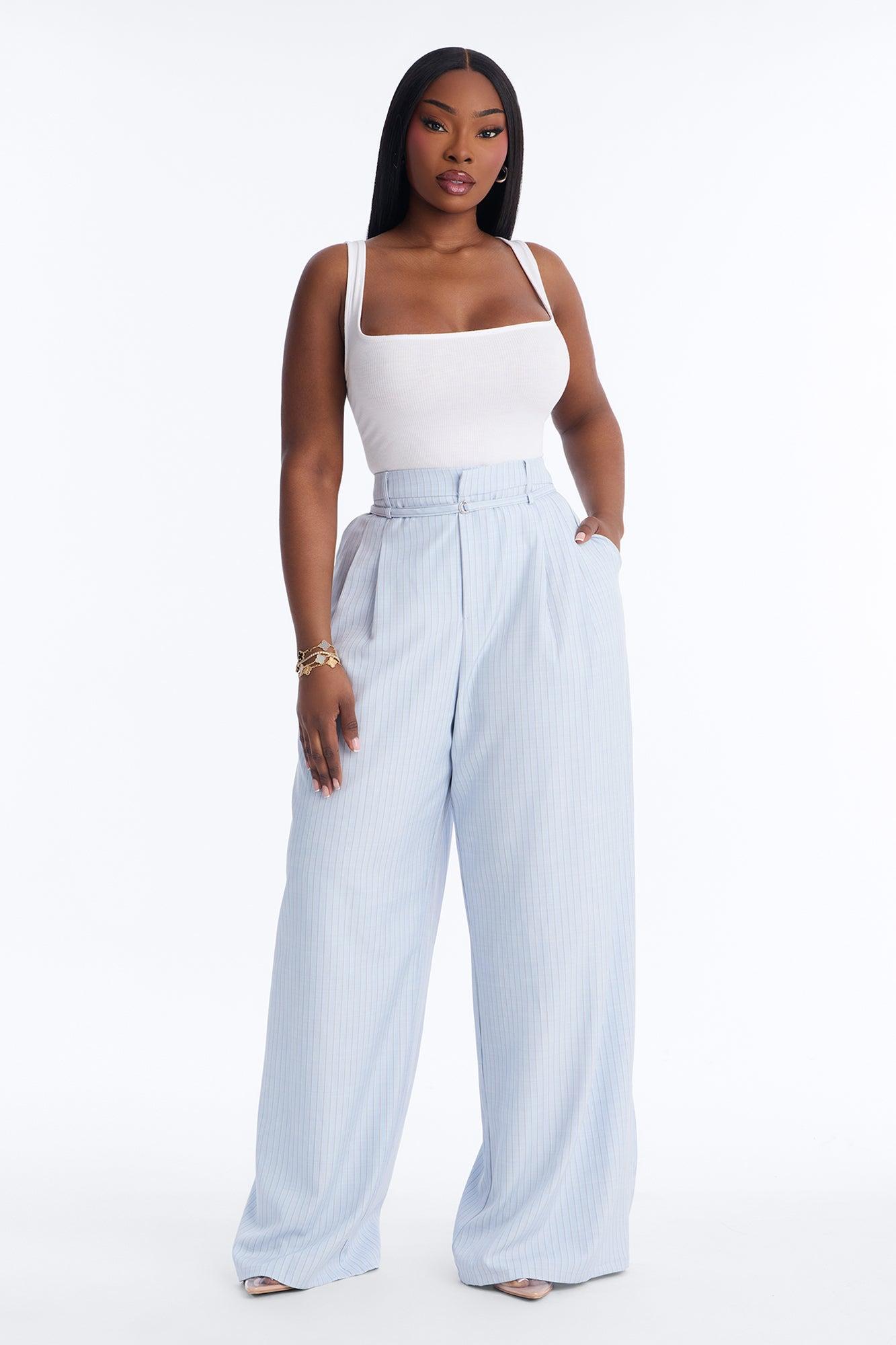 Old Money Feel Pinstripe Belted Trouser Pant 33″ - Blue Female Product Image