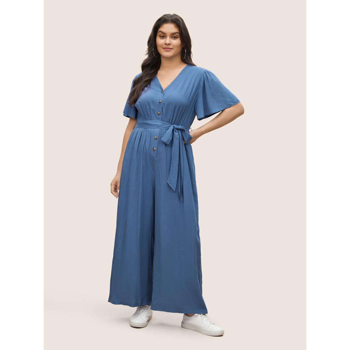 Plus Size Stone Supersoft Essentials Plain Flutter Sleeve Belted Jumpsuit Women Casual Short sleeve V-neck Everyday Loose Jumpsuits BloomChic 12/L Product Image