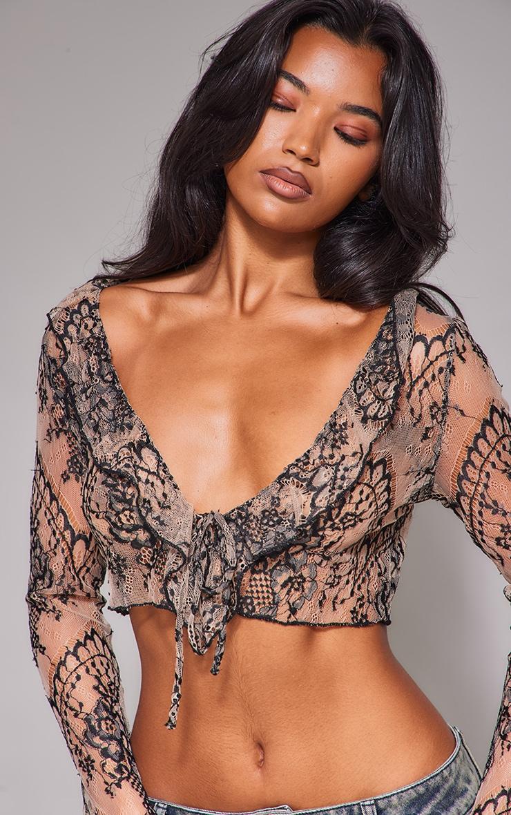 Beige Tie Front Lace Extreme Crop Top Product Image