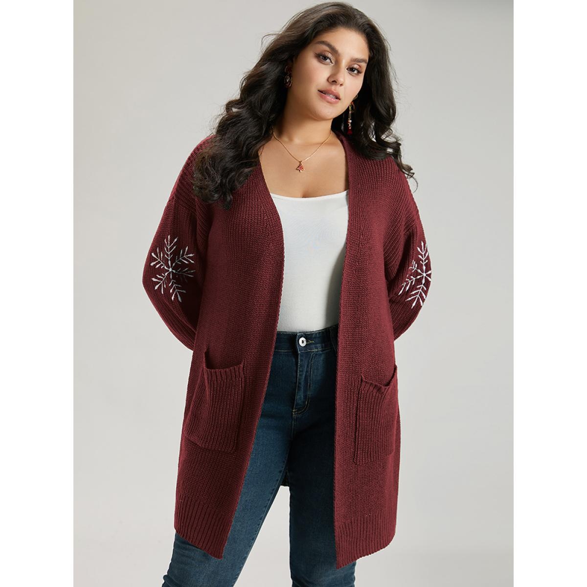 Plus Size Snowflake Embroidered Patched Pocket Cardigan Scarlet Women Casual Loose Long Sleeve Festival-Christmas Cardigans BloomChic 28/5X Product Image
