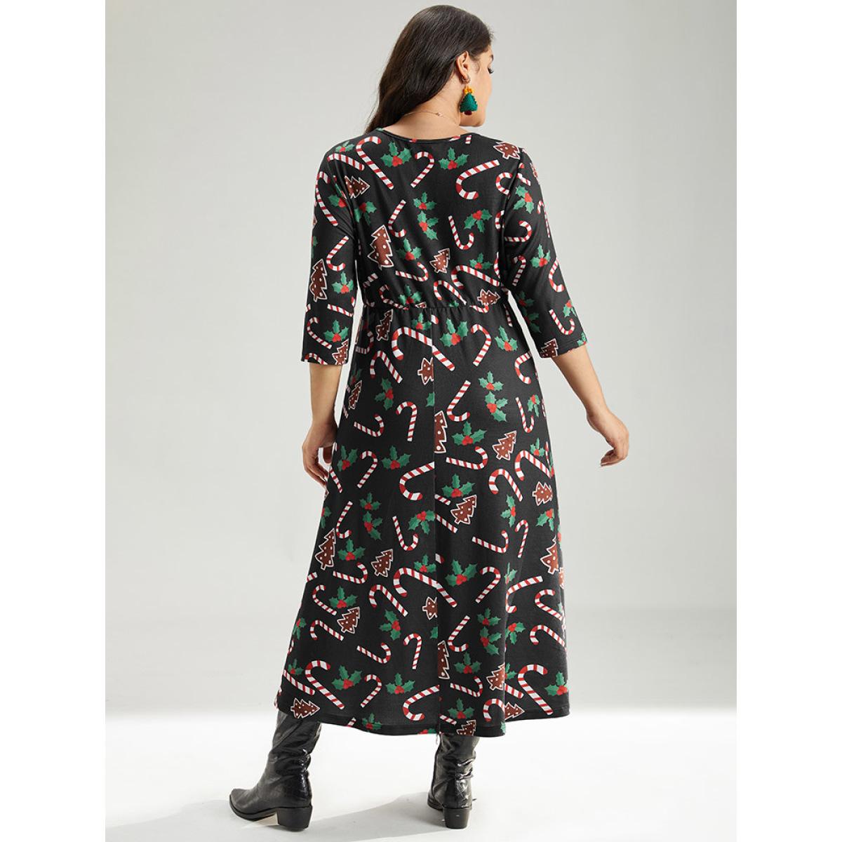Plus Size Christmas Print Pocket Elastic Waist Dress Black Women Playful Printed Round Neck Long Sleeve Curvy Midi Dress BloomChic 12/L Product Image