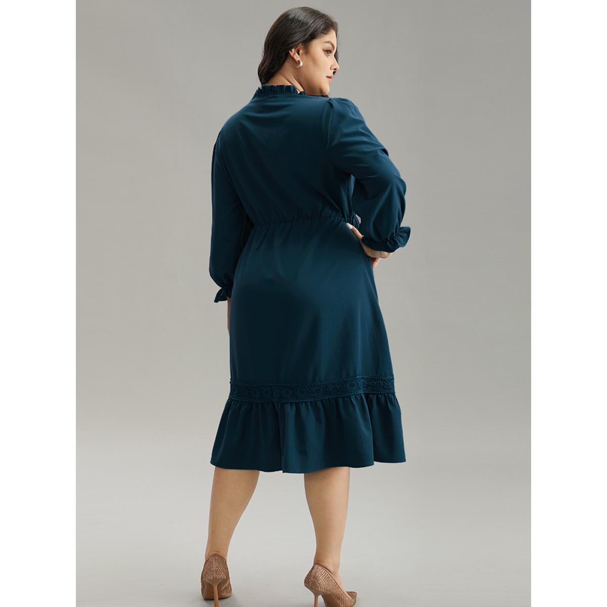 Plus Size Solid Frill Trim Guipure Lace Flutter Sleeve Dress Aegean Women At the Office Plain Notched collar Long Sleeve Curvy Midi Dress BloomChic 28/5X Product Image