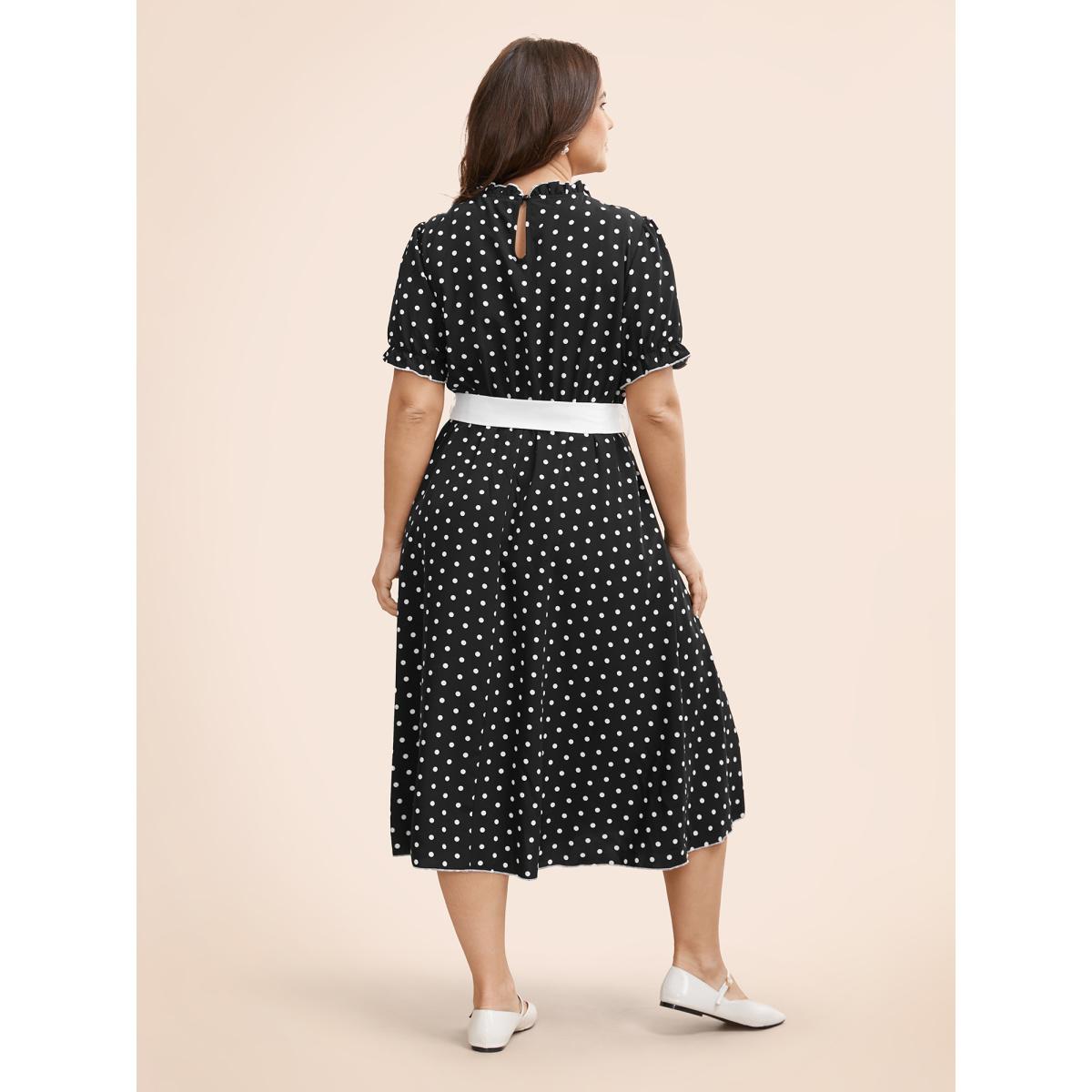 Plus Size Bow Polka Dot Midi Dress Black Women Elegant Belted Mock Neck Short sleeve Curvy BloomChic 12/L Product Image