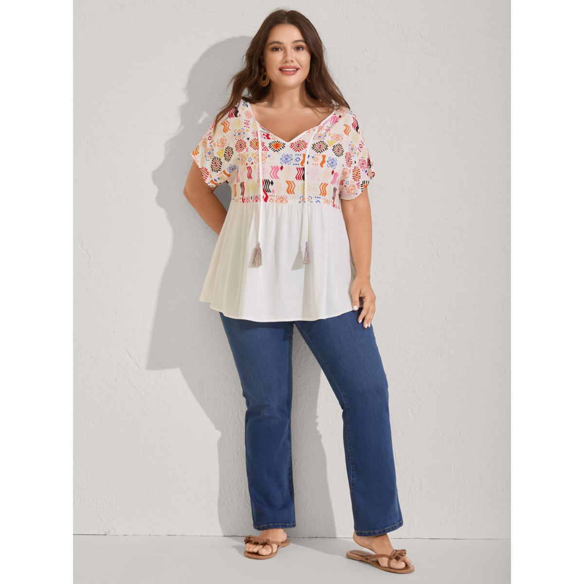 Plus Size WhiteSmoke Multicolor Boho Stripes Woven Cut-Out Blouse Women Short sleeve Flat collar with V-notch Vacation Blouses BloomChic 26/4X Product Image