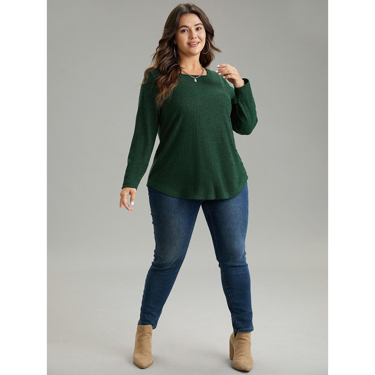 Plus Size Rib Knit Solid Crew Neck Button Detail T-shirt DarkGreen Women Casual Texture Plain Round Neck Dailywear T-shirts BloomChic 18-20/2X Product Image