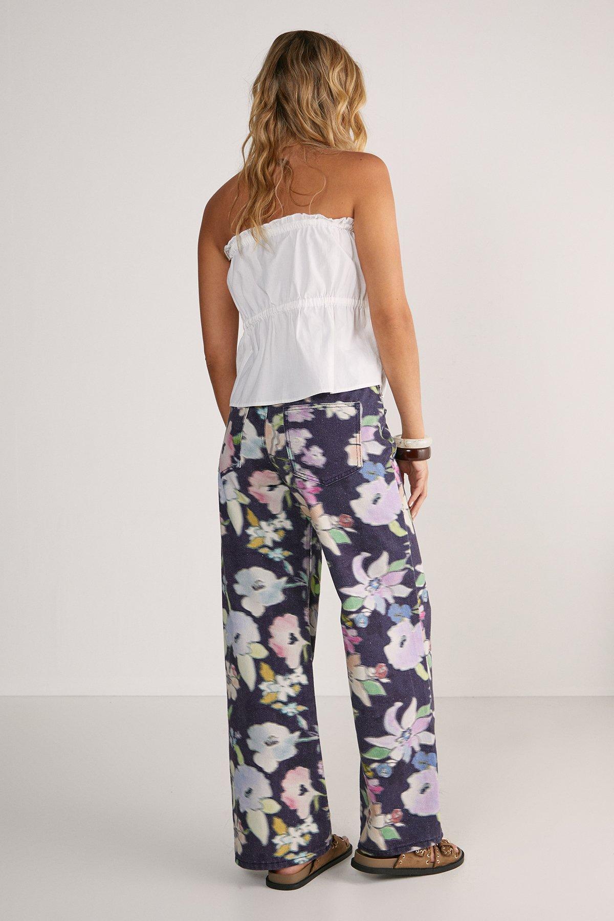 Floral Print Denim Wide Leg Jean Product Image