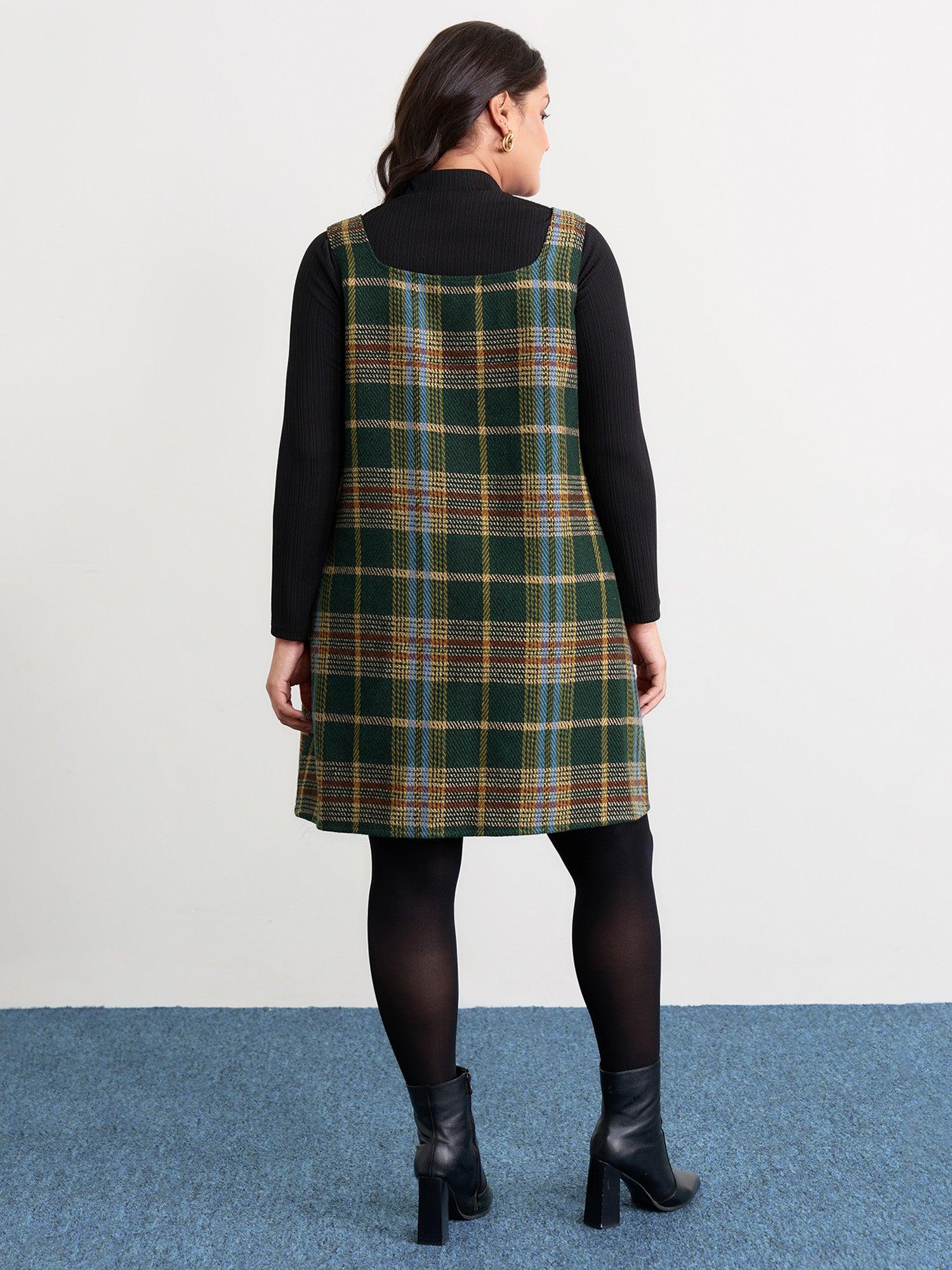 Plaid Pattern Slant Pockets Knee Dress Female Product Image