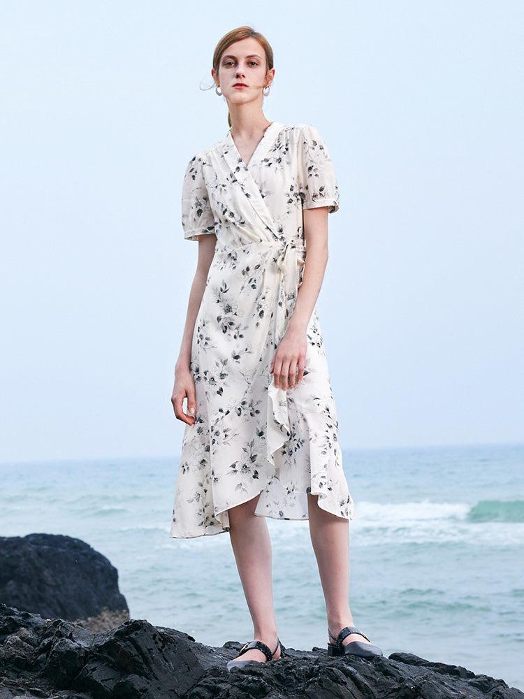 Acetate Ink Floral Print Wrap Midi Dress Product Image