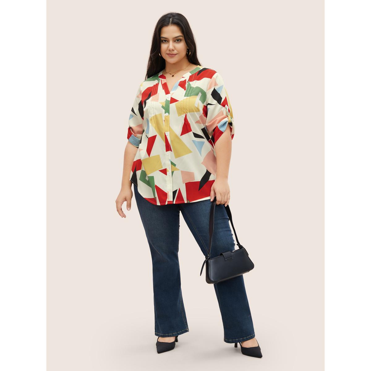 Plus Size Ivory Geometric Notched Pleated Tab Sleeve Blouse Women At the Office Elbow-length sleeve Flat collar Work Blouses BloomChic 22-24/3X Product Image