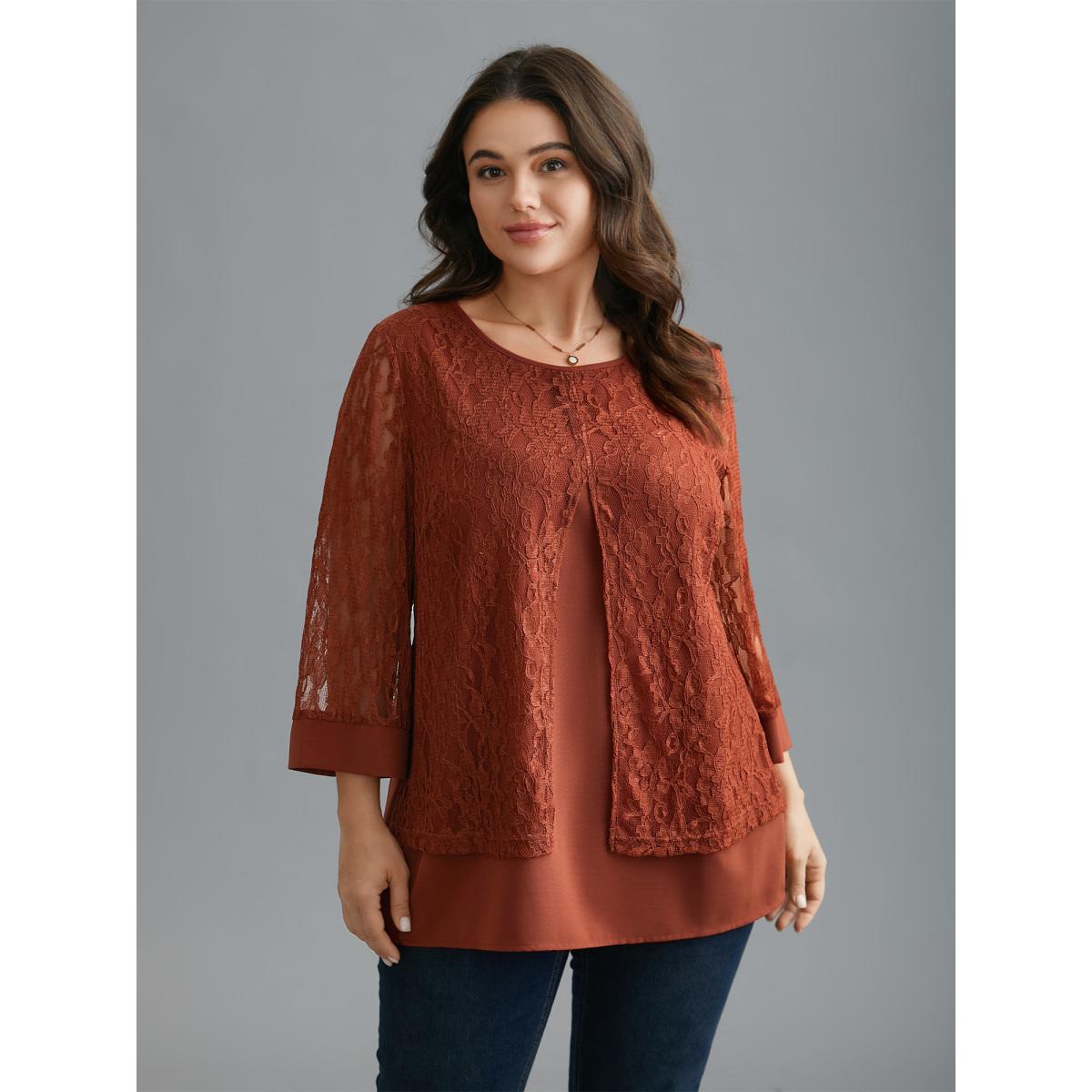 Plus Size Rust Sheer Lace Sleeve Open-Front Design Blouse Women Elegant Elbow-length sleeve Round Neck Everyday Blouses BloomChic 30/6X Product Image