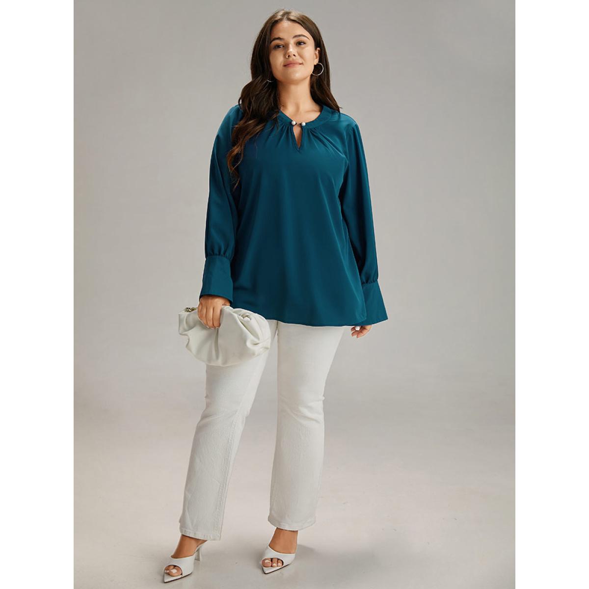 Plus Size Aegean Plain Pearl Beaded Plicated Detail Blouse Women Office Long Sleeve Round Neck Office Blouses BloomChic 12/L Product Image