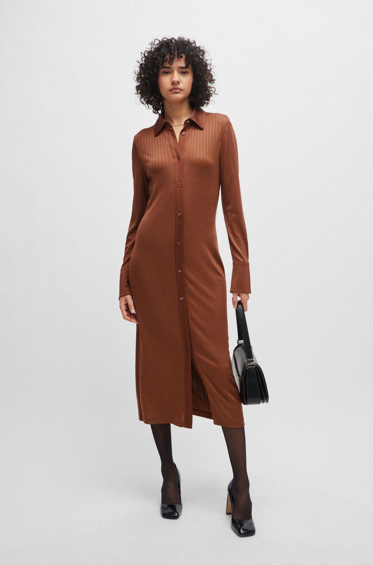 BOSS - Long-length shirt-style dress in ribbed jersey - Brown Product Image
