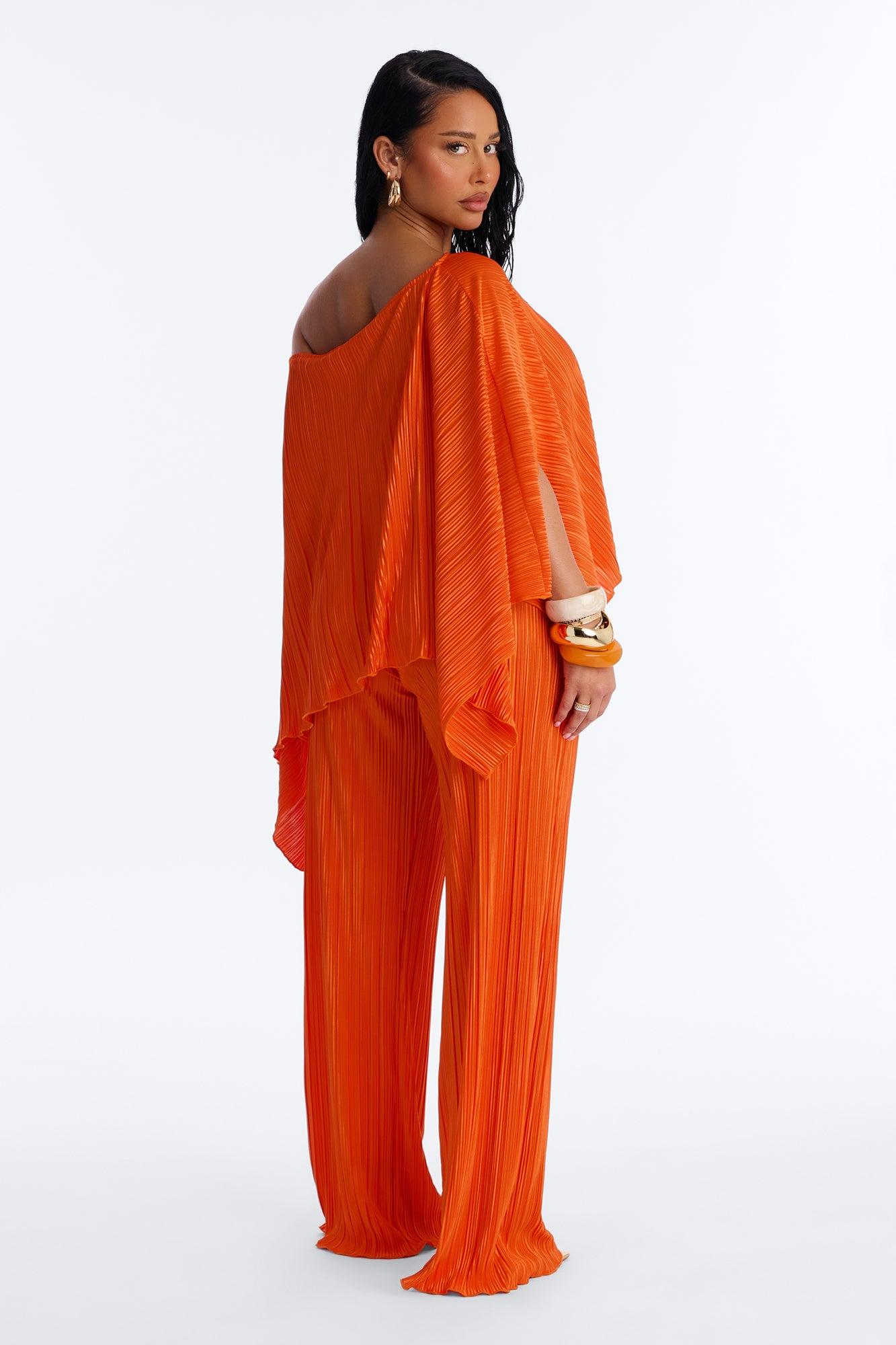 On The Horizon Off Shoulder Plisse Pant Set - Orange Female Product Image