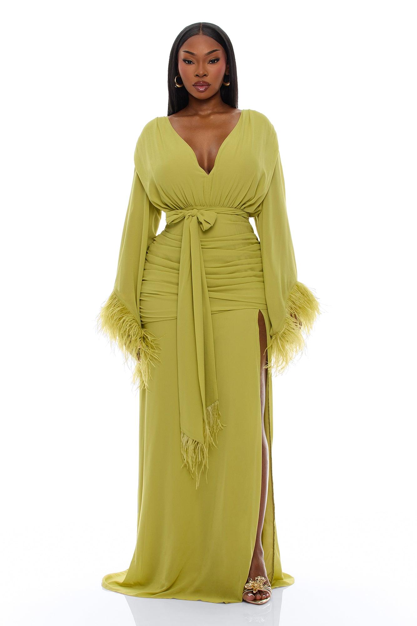 Daisey Feathered Chiffon Maxi Dress - Chartreuse Female Product Image