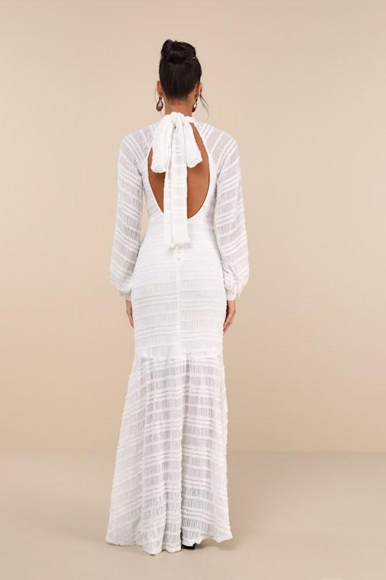 Exemplary Romance White Textured Backless Trumpet Hem Maxi Dress Product Image