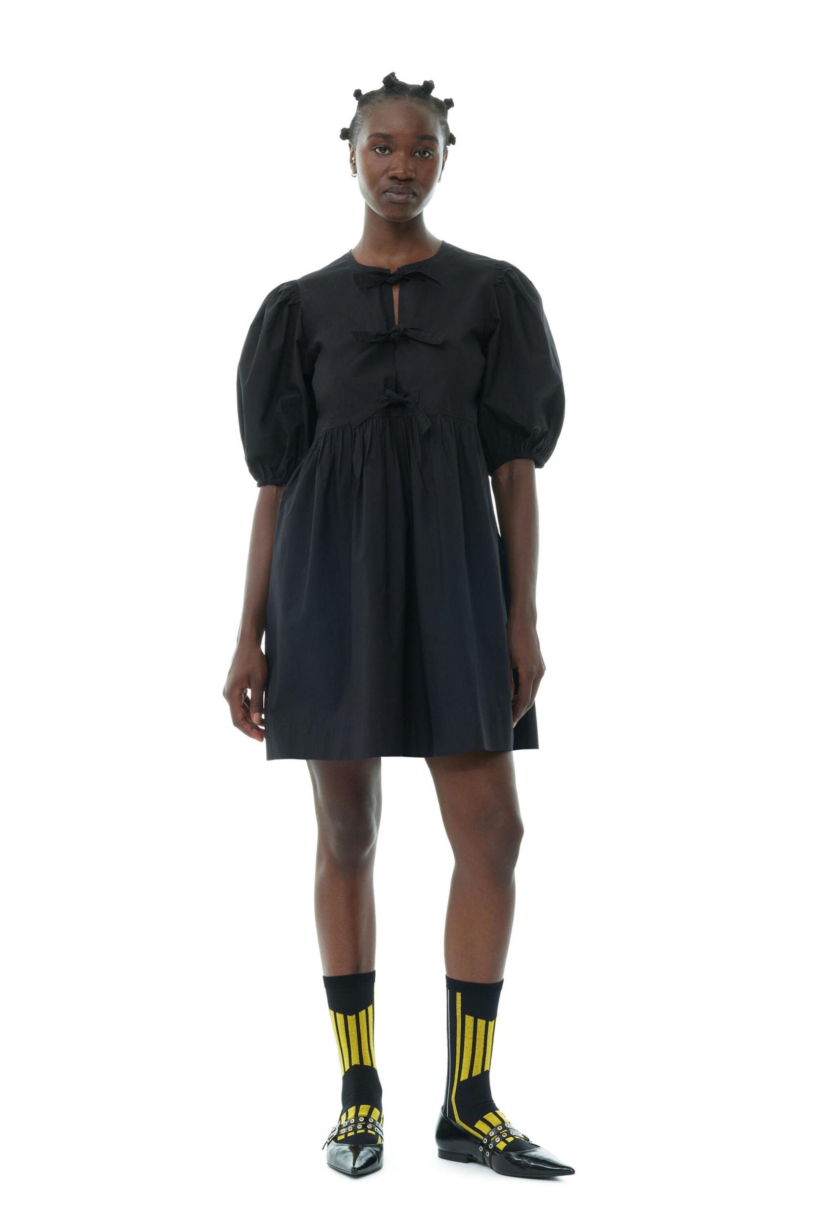 Black Cotton Poplin Tie String Mini Dress Product Image