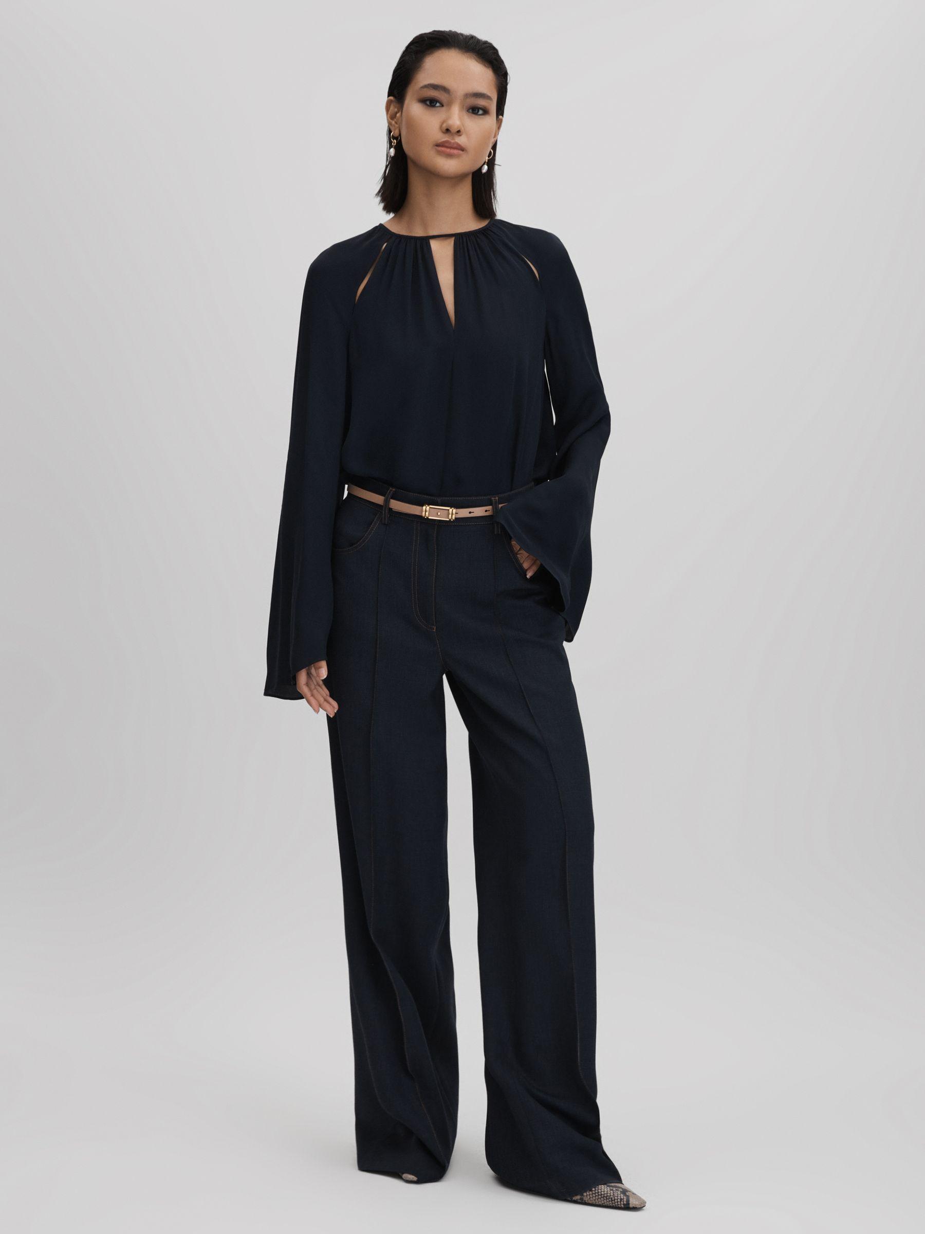 Cut-Out Flute Sleeve Blouse in Navy Product Image