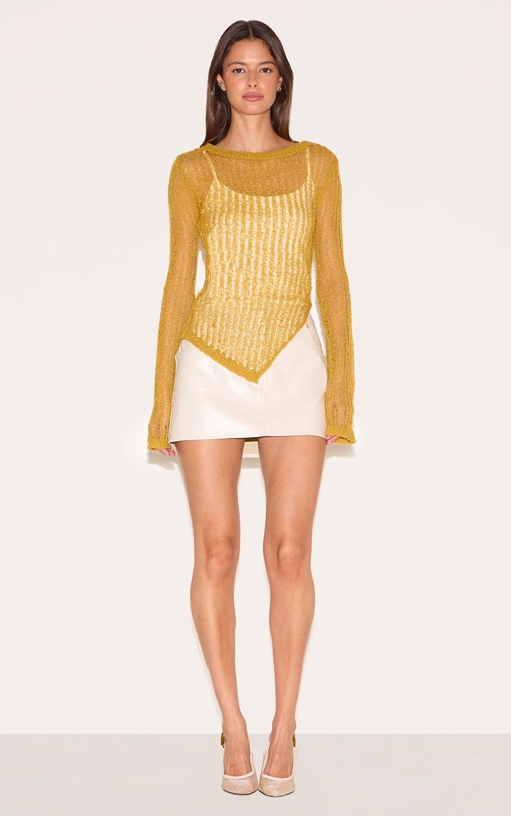 Olive Ladder Knit Sheer Asymmetric Hem Top Product Image
