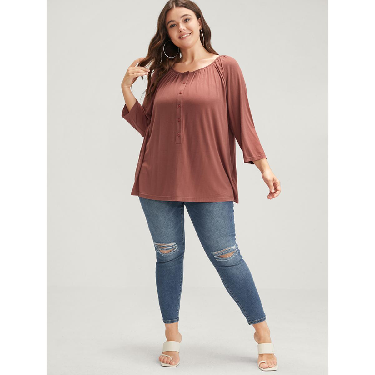 Plus Size Plain Round Neck Button Modal T-shirt Rouge Women Elegant Button Plain Round Neck Loose Dailywear T-shirts BloomChic 10/M Product Image