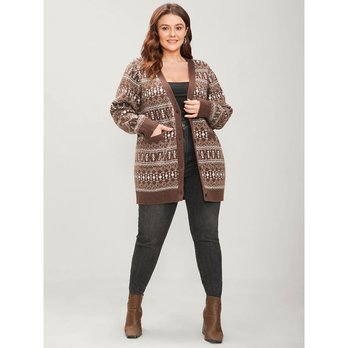 Plus Size Bandana Contrast Super Soft Knit Pocket Open Front Cardigan Tan Women Casual Loose Long Sleeve Dailywear Cardigans BloomChic 28/5X Product Image