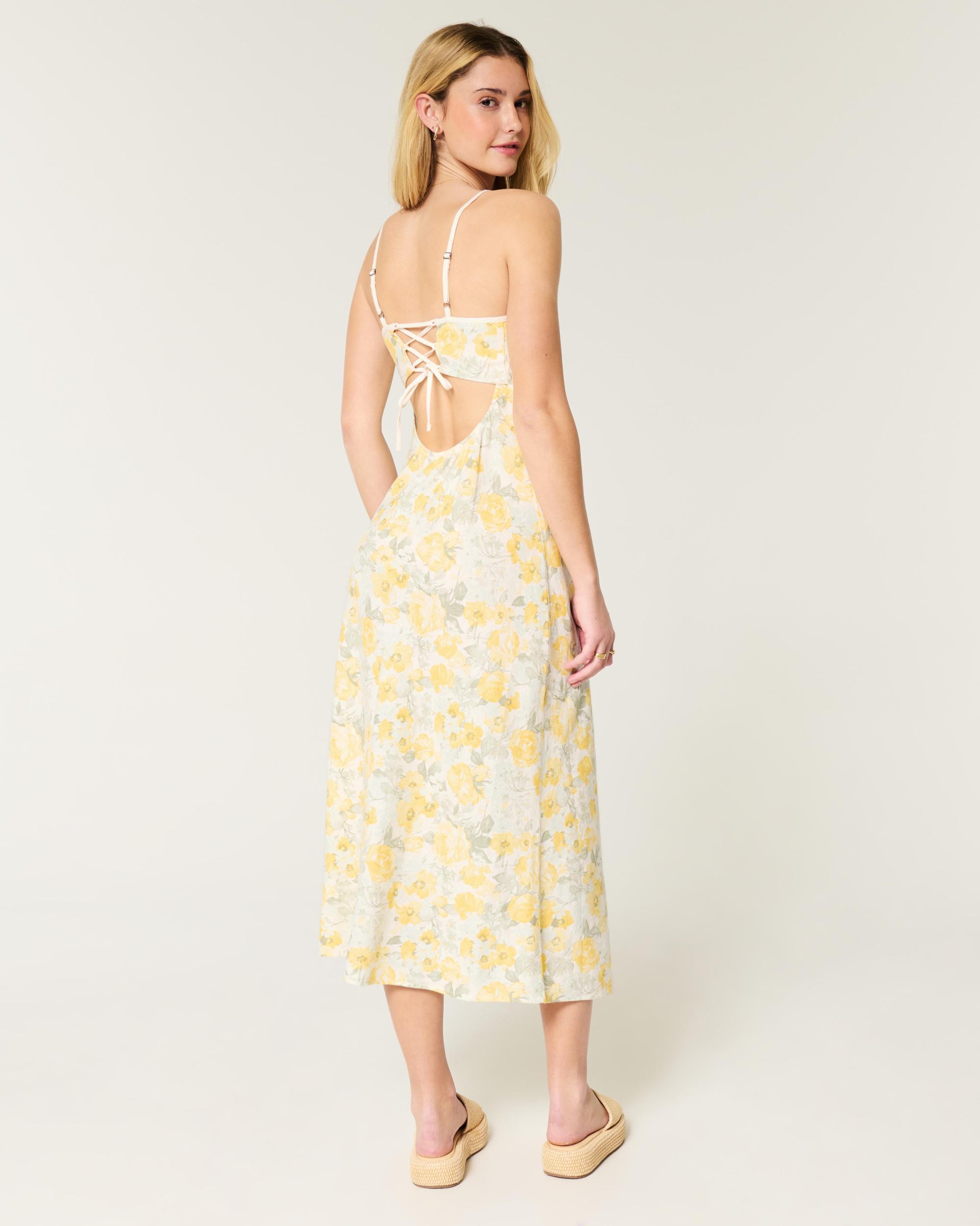 Linen-Blend Open Back Slip Midi Dress Product Image