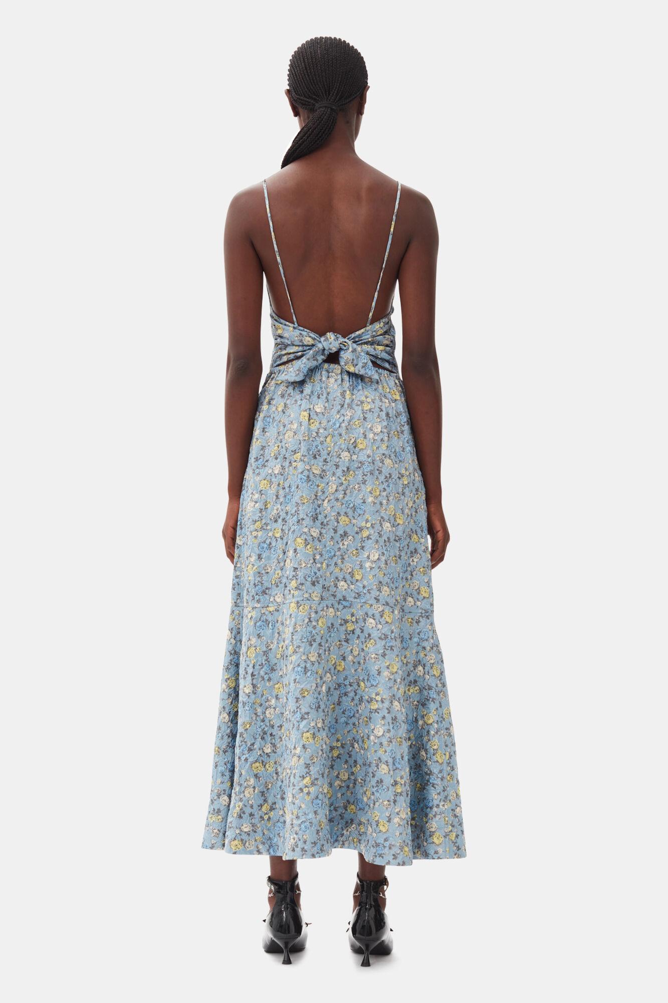 Blue Floral Crinkled Satin Long Dress Product Image