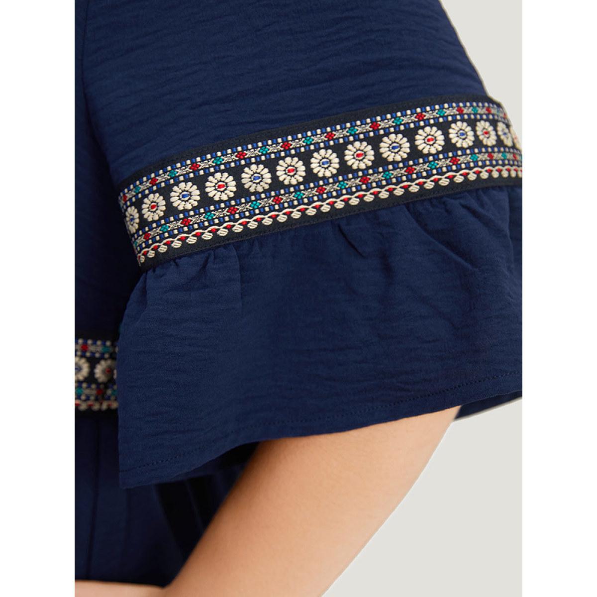 Plus Size Bandana Print Pocket Bell Sleeve Patchwork Dress DarkBlue Women Vacation Plain V-neck Short sleeve Curvy Midi Dress BloomChic 10/M Product Image