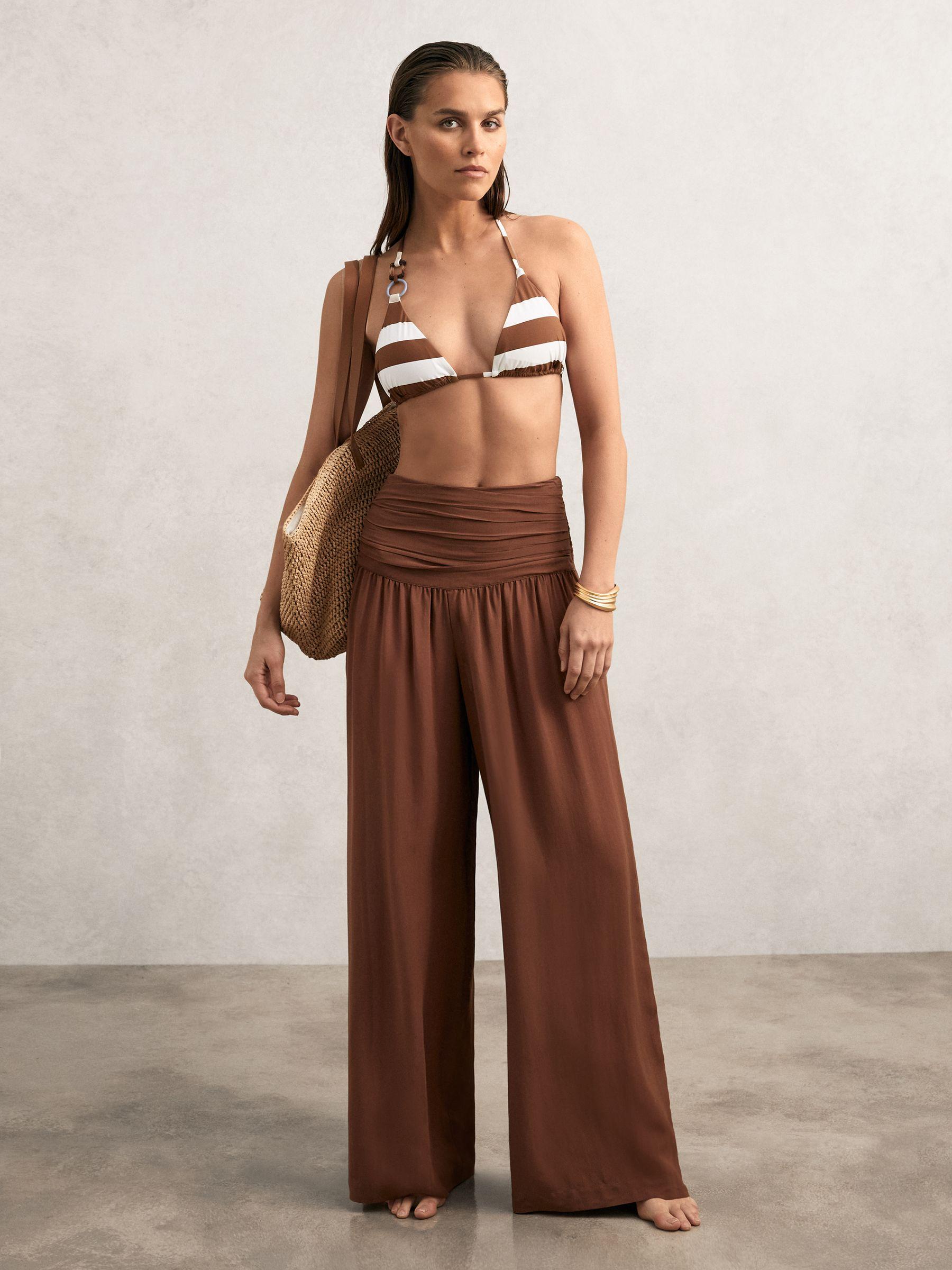 Stripe Halterneck Triangle Bikini Top in Navy/Brown Product Image