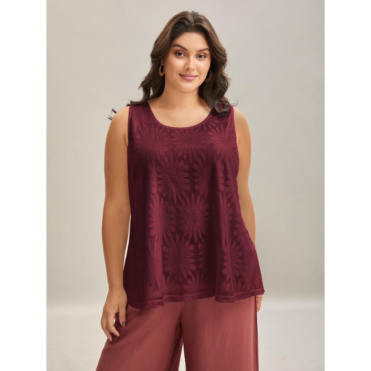 Plus Size Lace Lined Flowy Tank Top Women Burgundy Resort Non Round Neck Vacation Tank Tops Camis BloomChic 18-20/2X Product Image