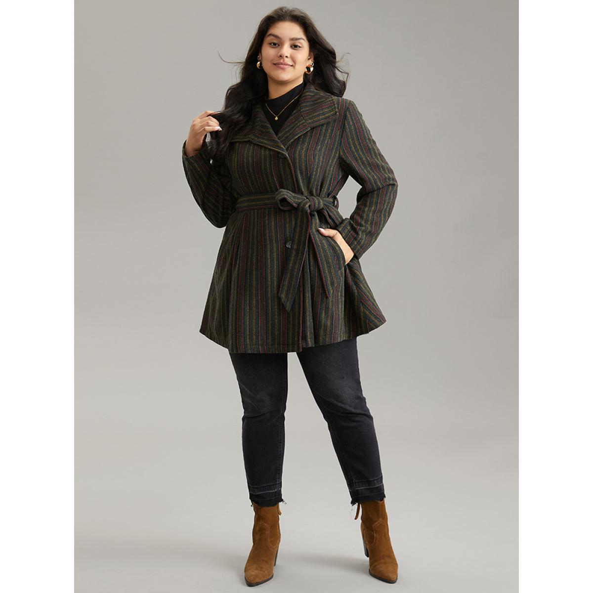Plus Size Bandana Striped Lapel Collar Belted Woolen Coat Women Multicolor Casual Lined Ladies Dailywear Winter Coats BloomChic 22-24/3X Product Image