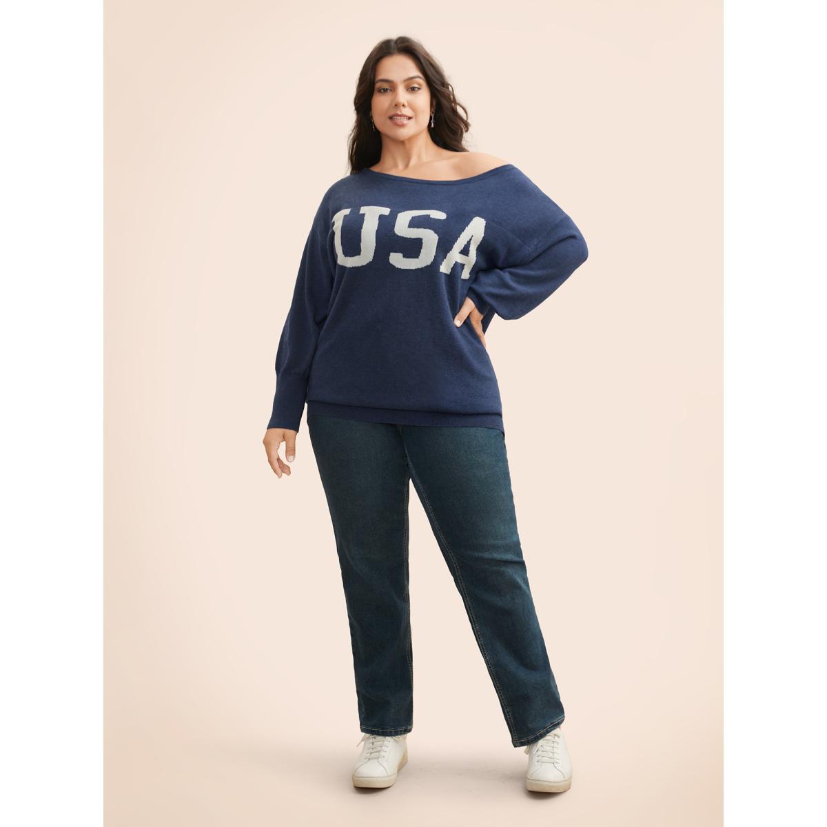 Plus Size Supersoft Essentials USA Boat Neck Pullover Indigo Women Casual Loose Long Sleeve Boat Neck Everyday Pullovers BloomChic 26/4X Product Image