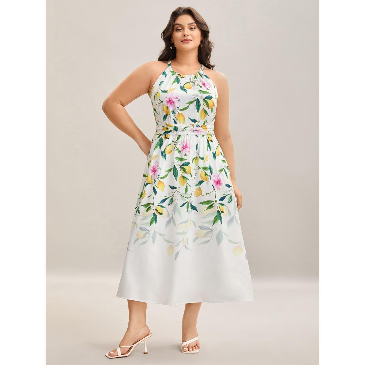 Plus Size Large Floral Pattern Pleated Waist Midi Dress WhiteSmoke Women Halter neck Sleeveless Curvy BloomChic 26/4X Product Image