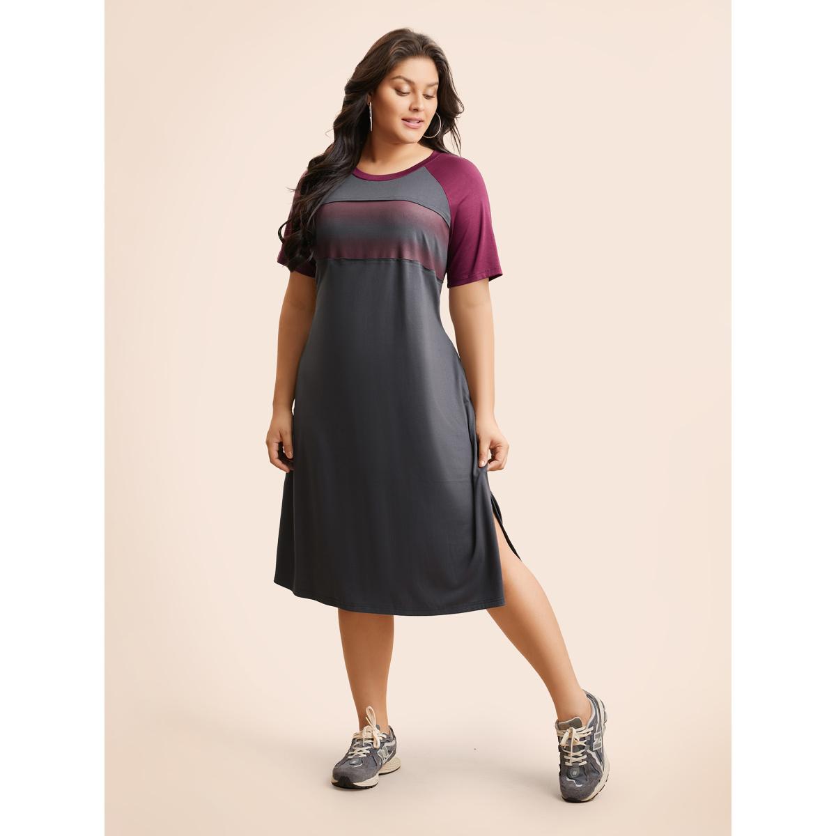 Plus Size Ombre Contrast Patchwork Split Hem Dress DimGray Women Casual Contrast Round Neck Short sleeve Curvy BloomChic 10/M Product Image