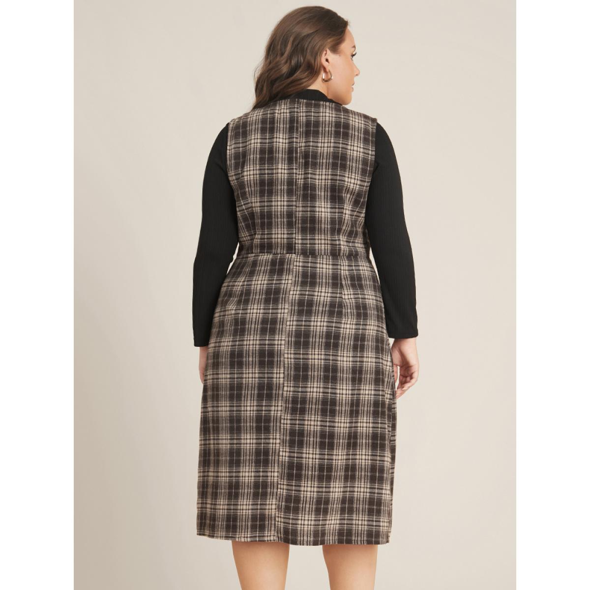 Plus Size Plaid Sleeveless Button Detail Dress Without Sweater DarkBrown Women Office Button V-neck Sleeveless Curvy Midi Dress BloomChic 26/4X Product Image