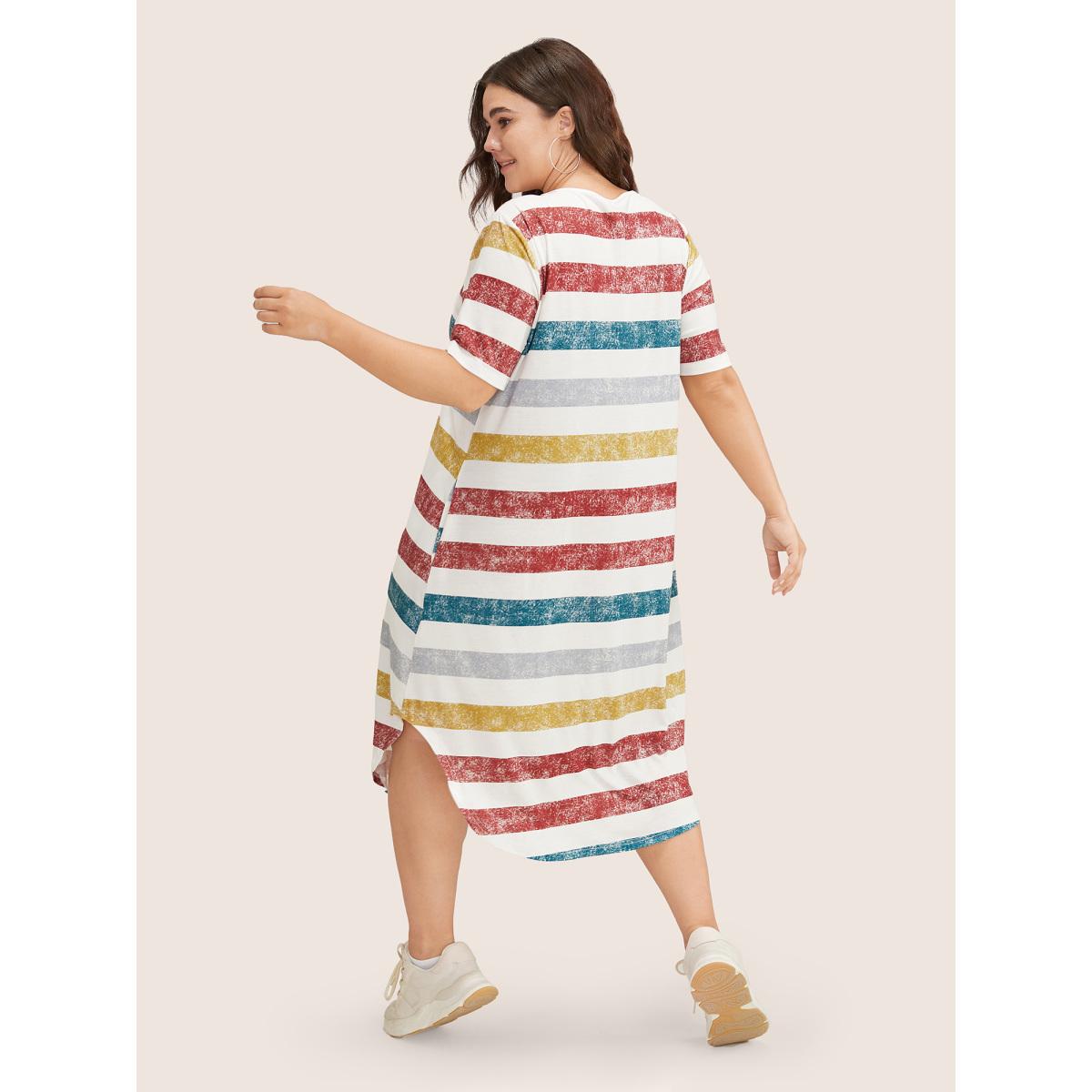 Plus Size Striped Contrast Arc Hem V Neck Pocket Dress Multicolor Women Playful Non V-neck Short sleeve Curvy Midi Dress BloomChic 12/L Product Image