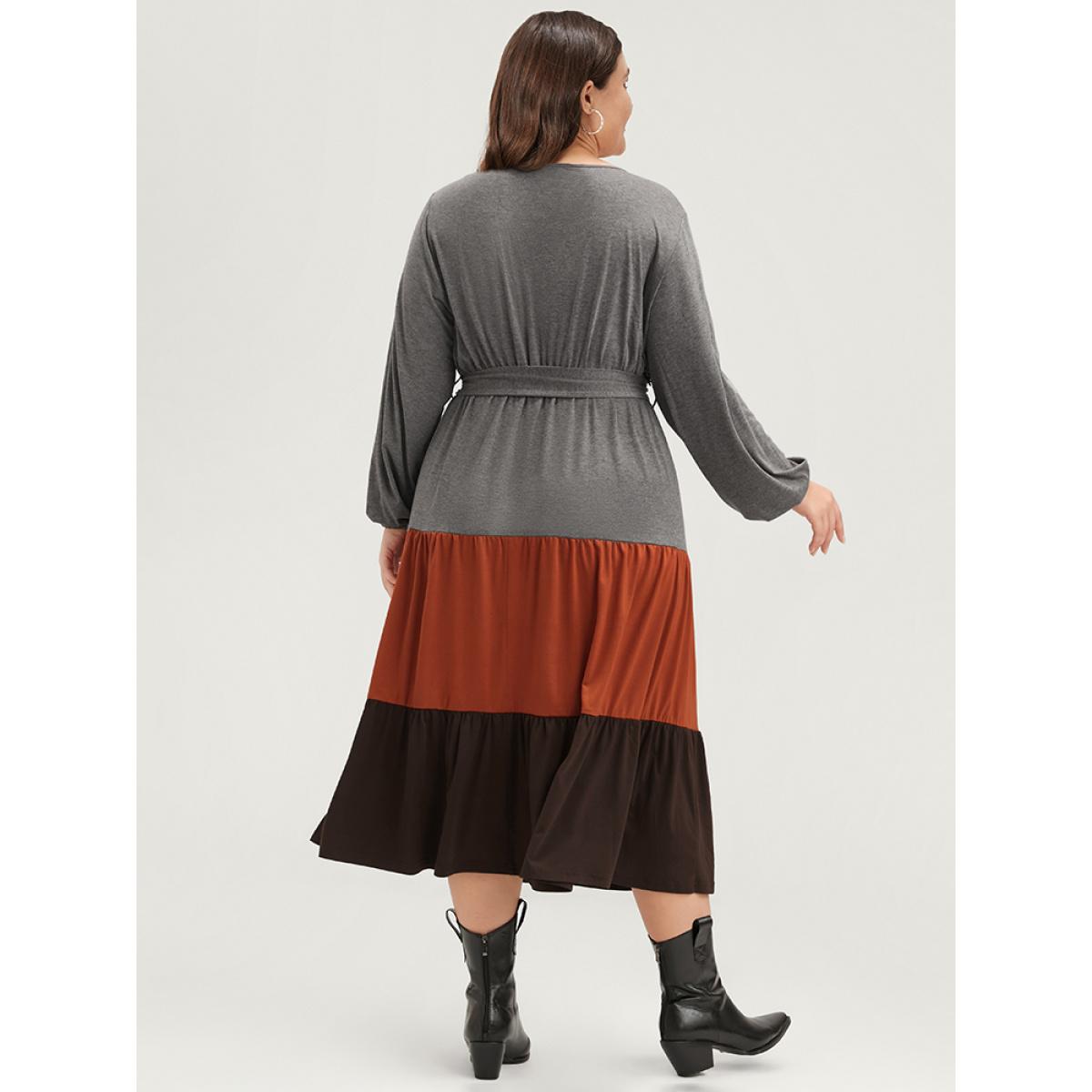 Plus Size Colorblock Contrast Pocket Wrap Belted Ruffle Tiered Dress Multicolor Women Casual Belted V-neck Long Sleeve Curvy Midi Dress BloomChic 10/M Product Image