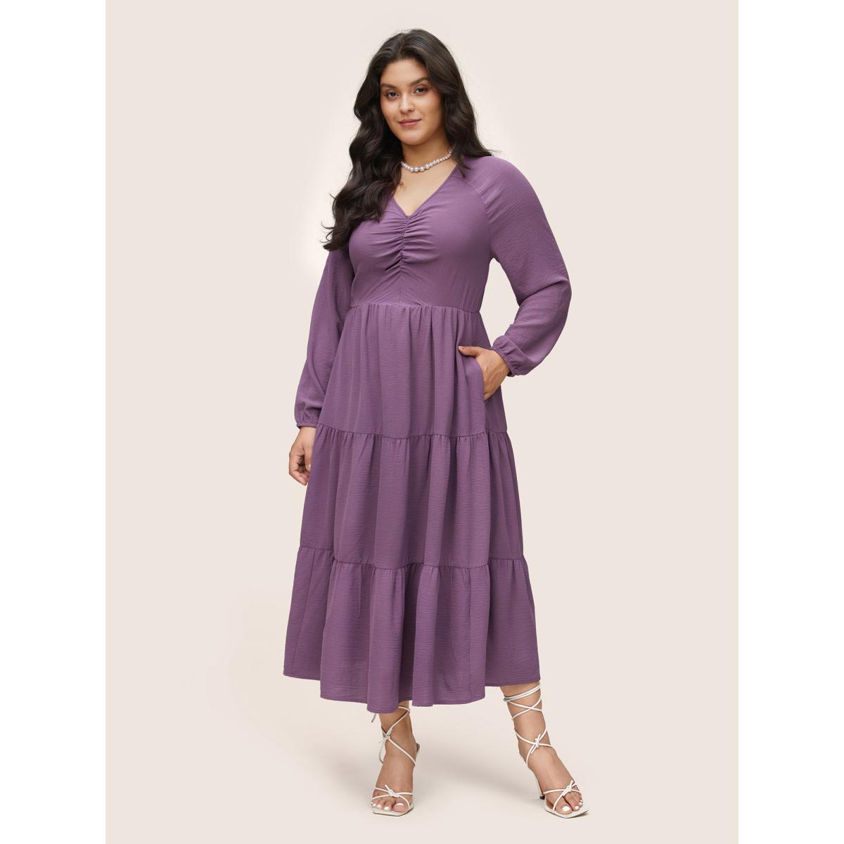 Plus Size Solid Ruched Raglan Sleeve Layered Hem Dress Mauve Women Elegant Elastic cuffs V-neck Long Sleeve Curvy Midi Dress BloomChic 12/L Product Image