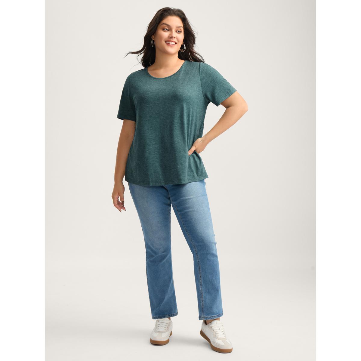Plus Size Backless Crisscross Solid T-Shirt DarkGreen Women Leisure Overlapping Round Neck Casual T-shirts BloomChic 18-20/2X Product Image