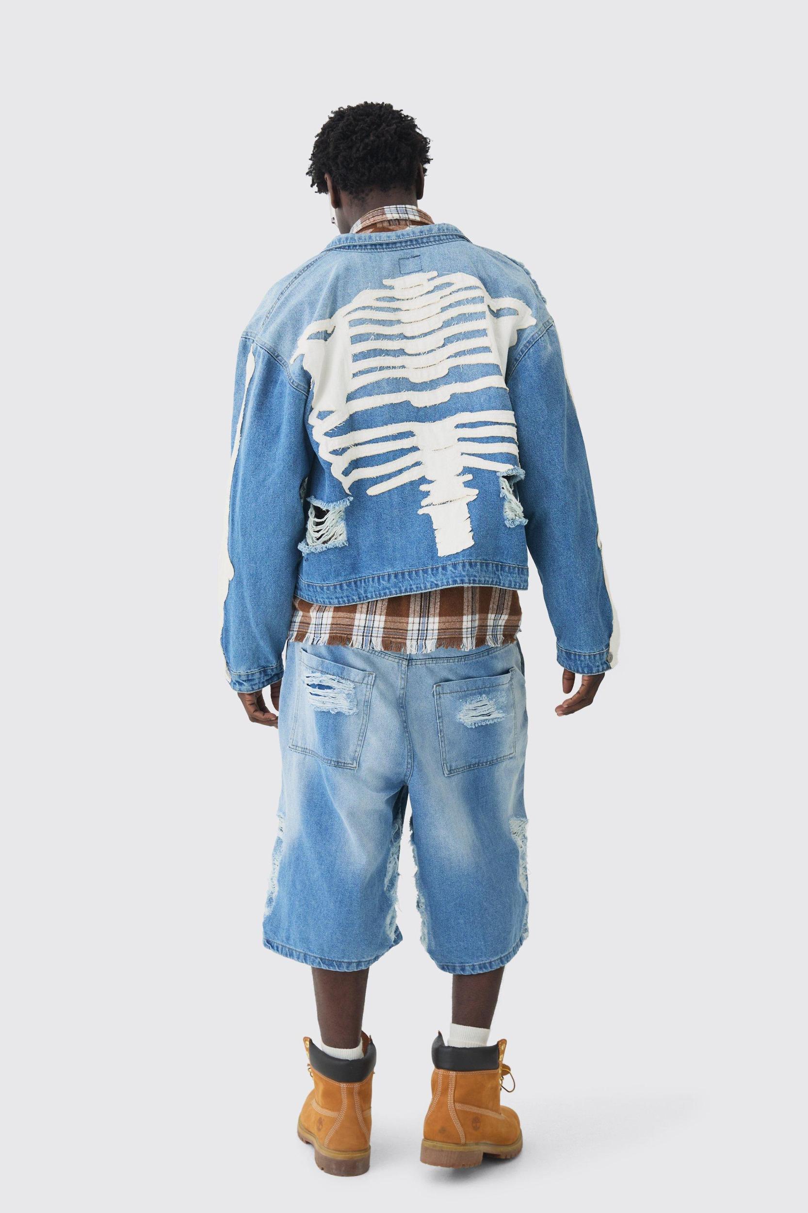 Boxy Fit Skeleton Applique Distressed Jean Jacket In Light Blue | boohooMAN USA Product Image
