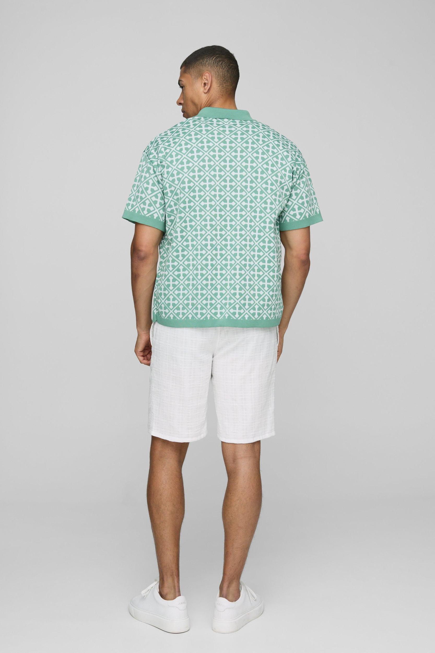 Boxy Fit Cross Motif Jacquard Knitted Collared Shirt | boohooMAN USA Product Image