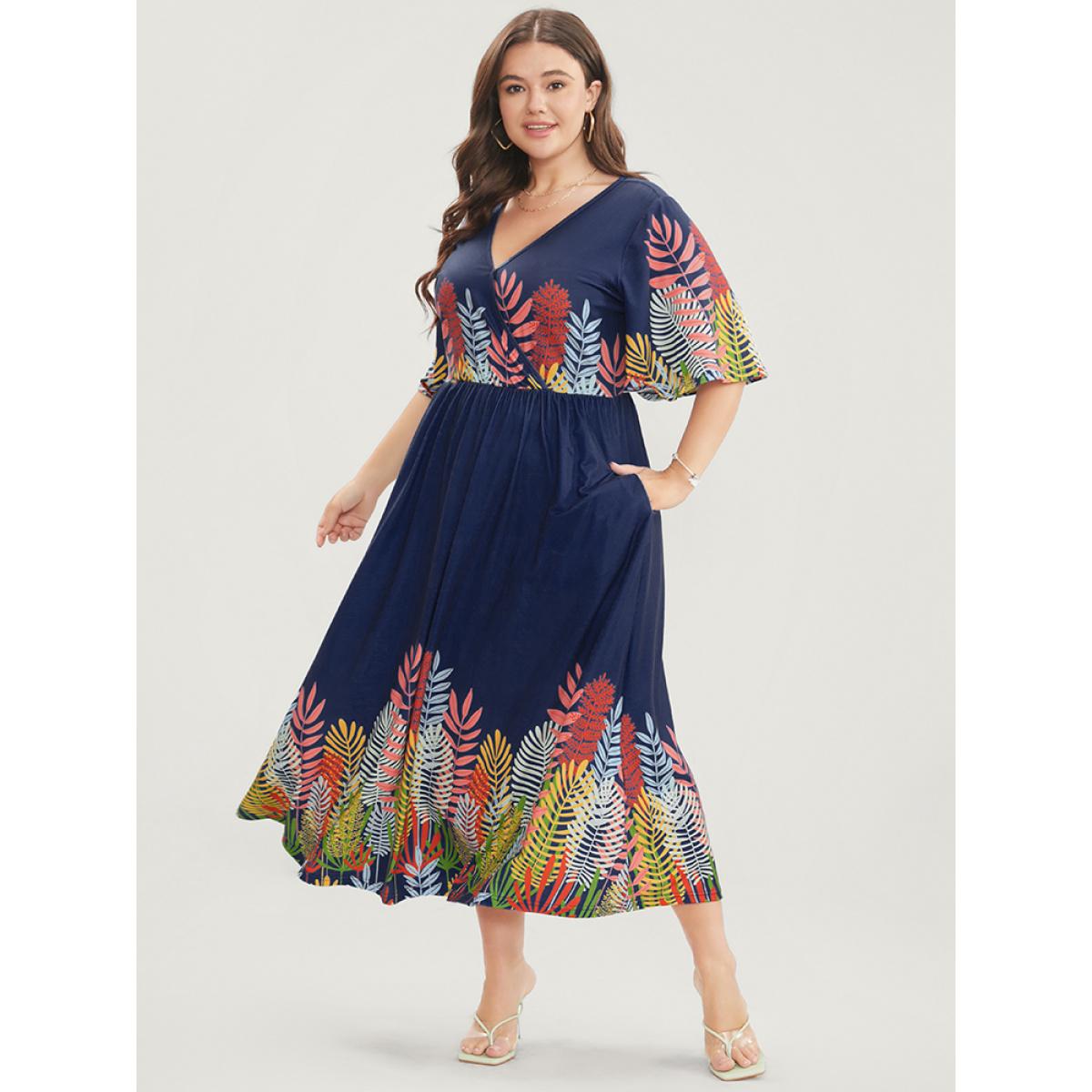 Plus Size Plant Print Surplice Neck Pocket Ruffles Midi Dress Indigo Women Vacation Elastic Waist V-neck Half Sleeve Curvy Long Dress BloomChic 18-20/2X Product Image
