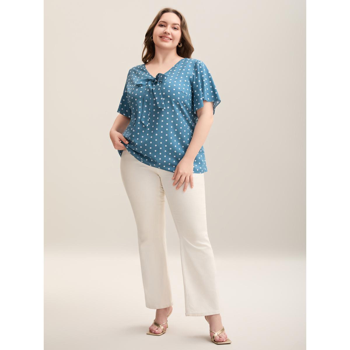 Plus Size Cerulean Polar Print Neck Tie A-Line Blouse Women Elegant Short sleeve V-neck Everyday Blouses BloomChic 22-24/3X Product Image