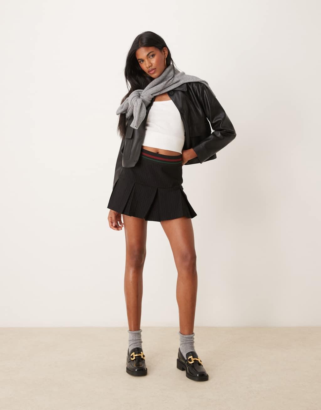 ASOS DESIGN contrast waistband pleated mini skirt in black pinstripe  Product Image