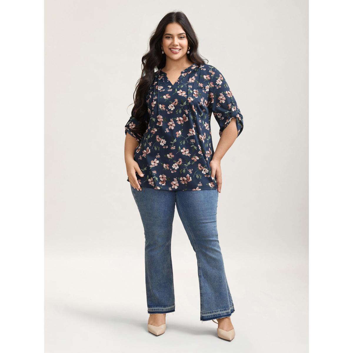 Plus Size Indigo Floral Print Tab Sleeve Pintuck Shirt Women Elegant Elbow-length sleeve Notched collar Everyday Blouses BloomChic 12/L Product Image