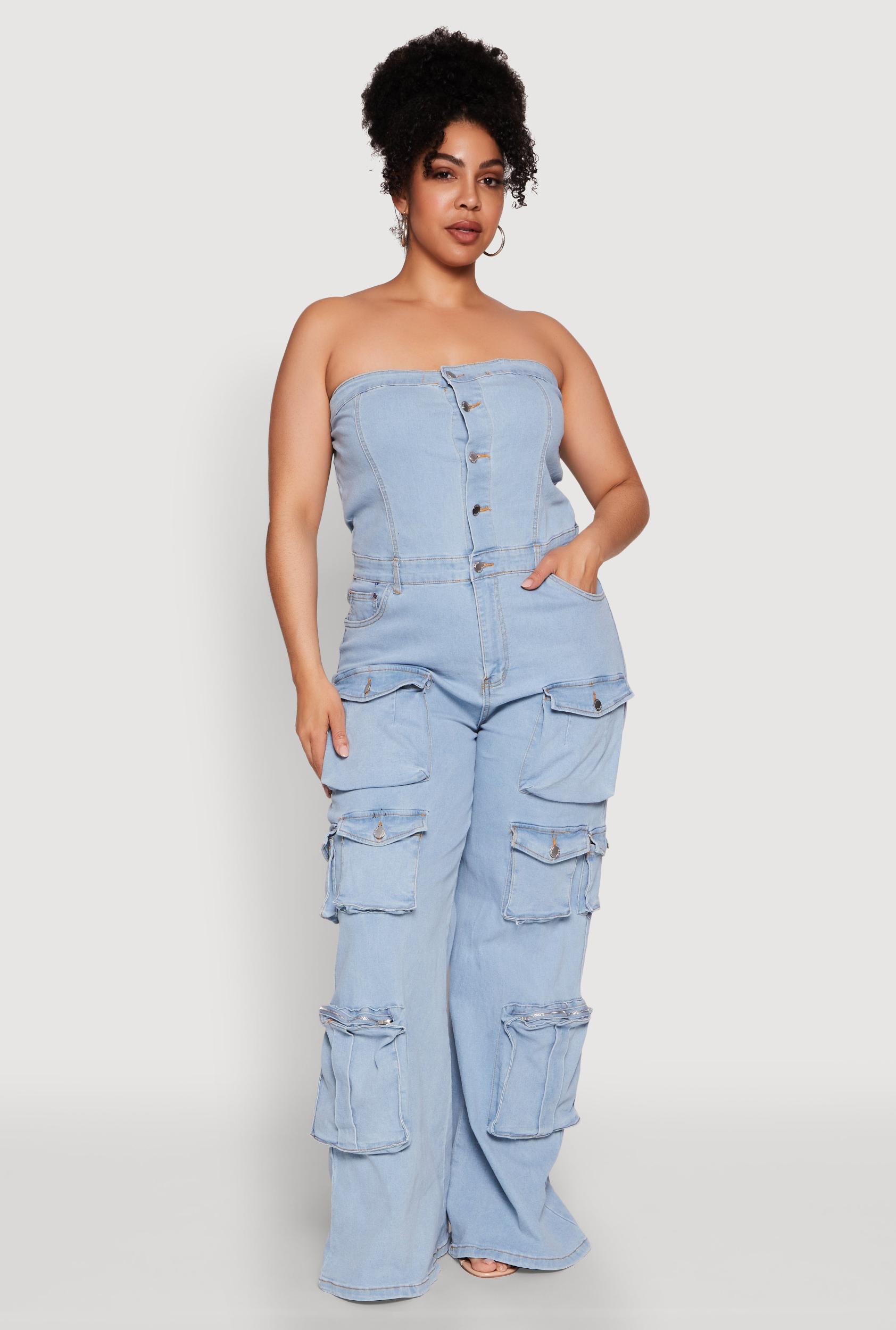 Womens Plus Size Daisy Strapless Cargo Denim Jumpsuit Product Image