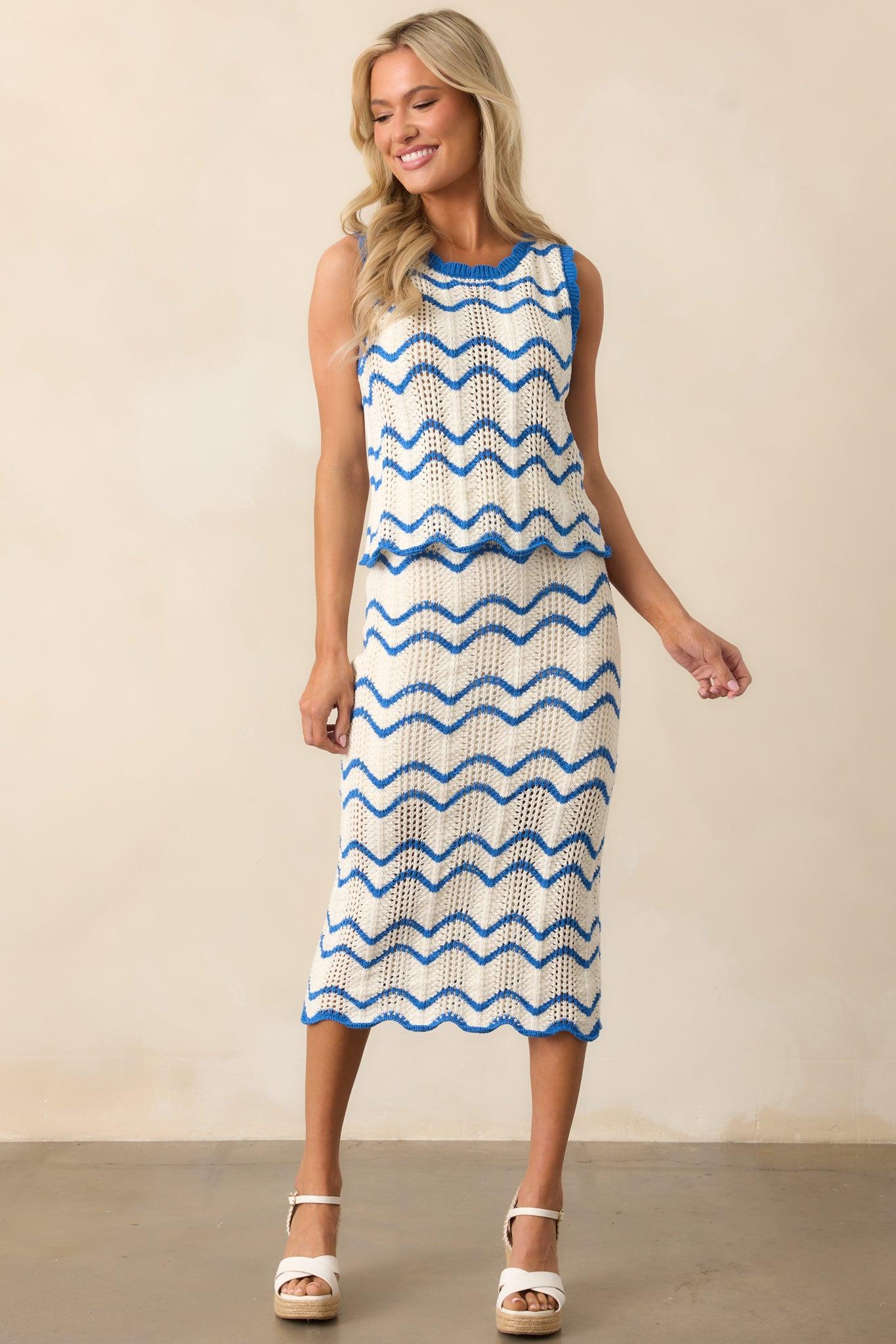 Sea La Vie Blue Stripe Crochet Knit Midi Skirt Product Image